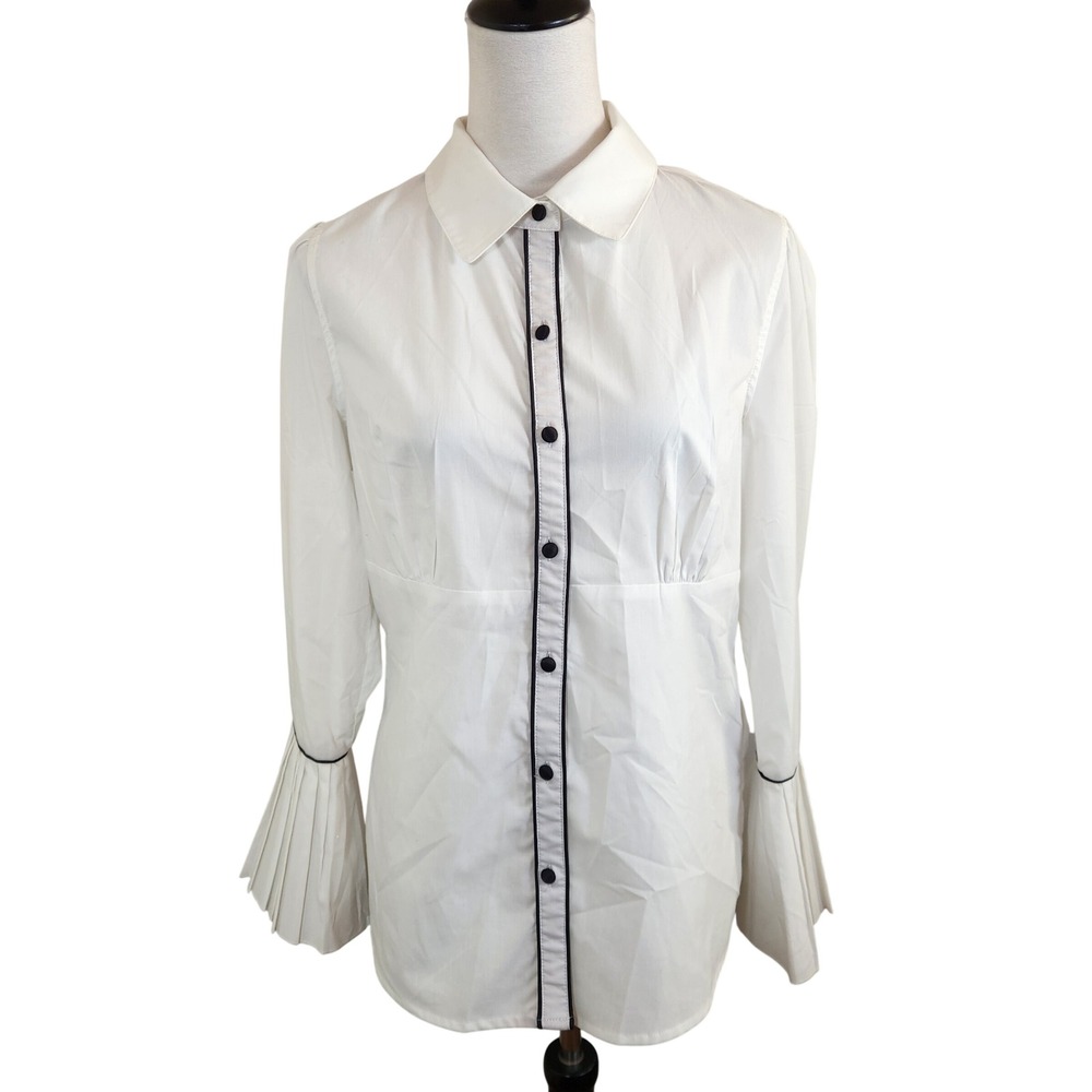 Dress Barn Womens Medium White Black Trim Pleated Bell Sleeve Button Down Shirt - Picture 1 of 10